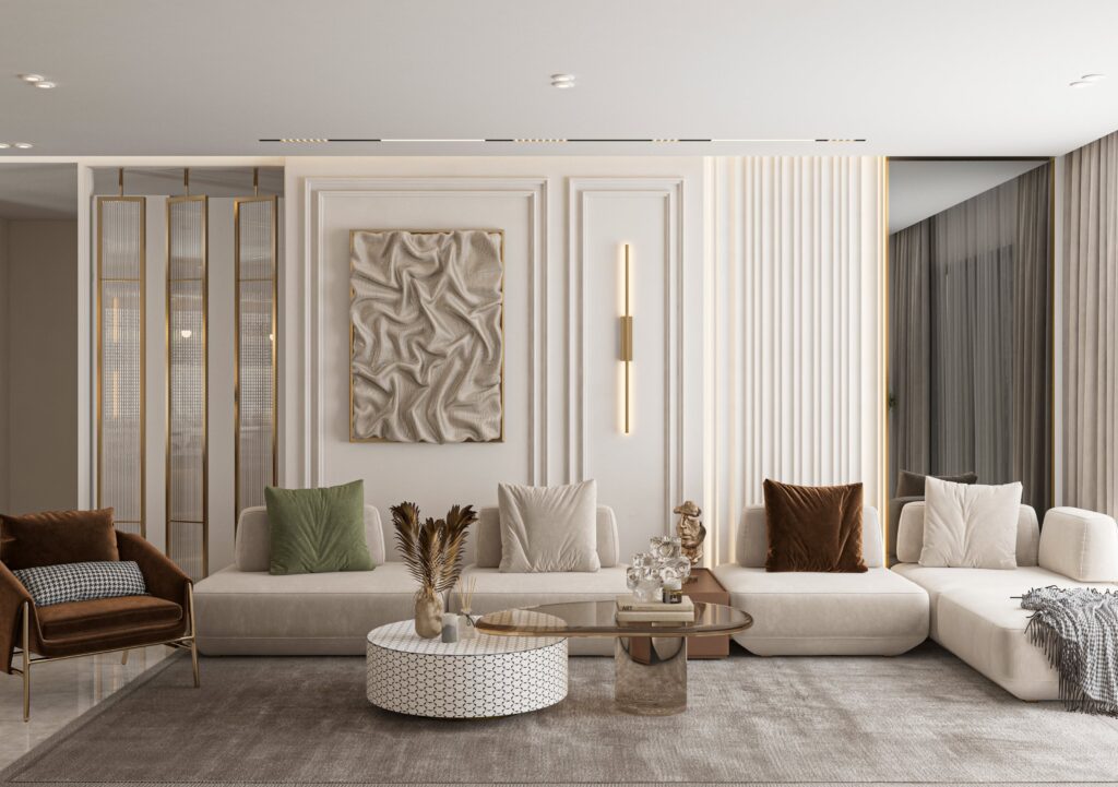 تصميم ريسبشن فاخر مودرن بإضاءة مخفية في شقة بتاج سيتي.