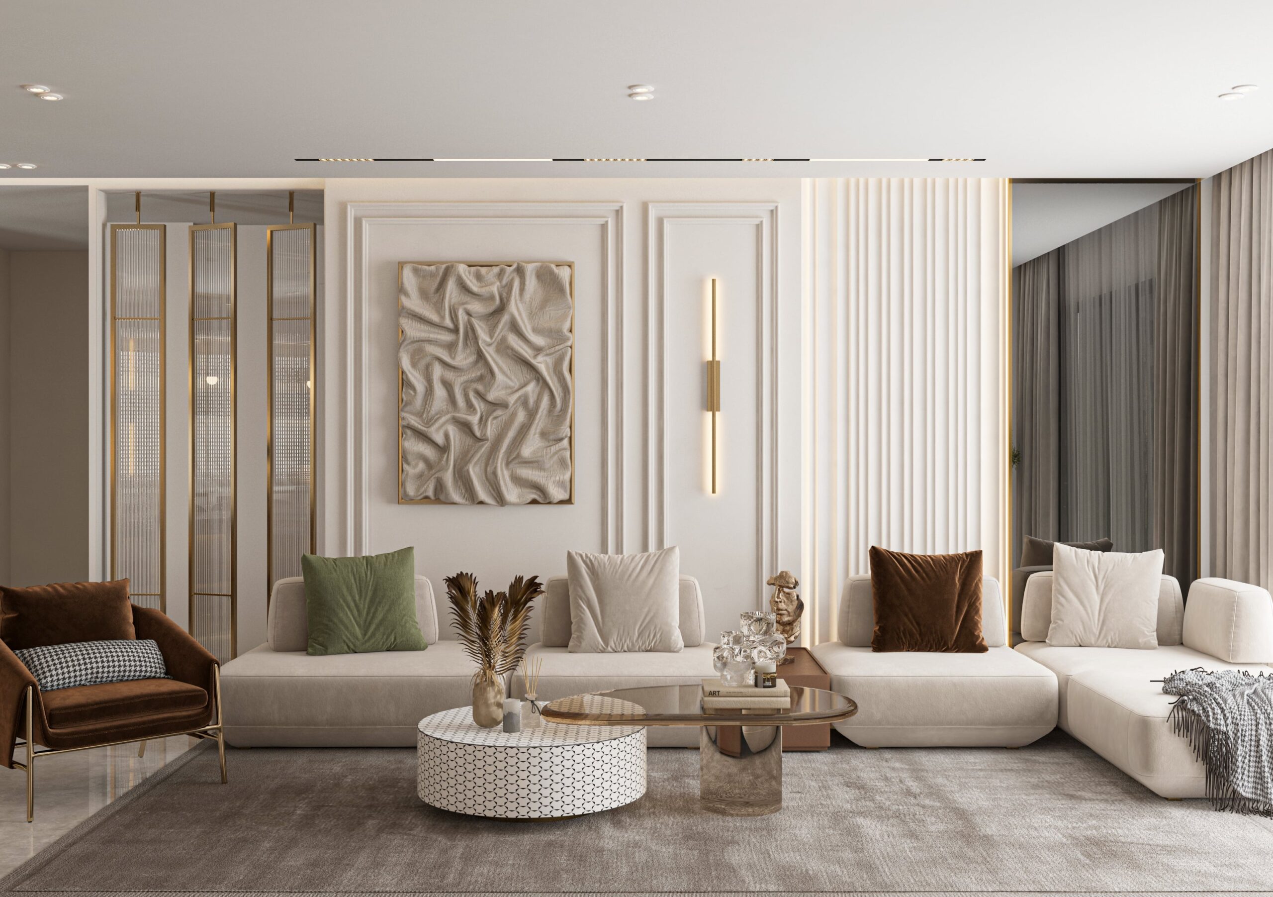 تصميم ريسبشن فاخر مودرن بإضاءة مخفية في شقة بتاج سيتي.