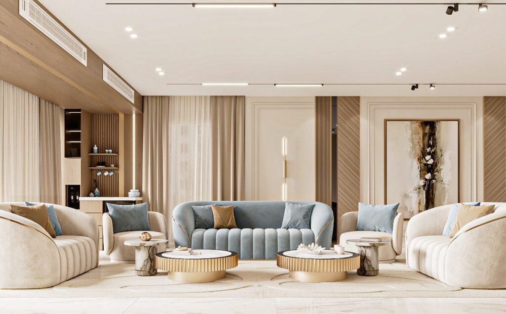 تصميم ريسبشن فخم بألوان بيج وخشبي مع تابلوهات أنيقة في هايد بارك.