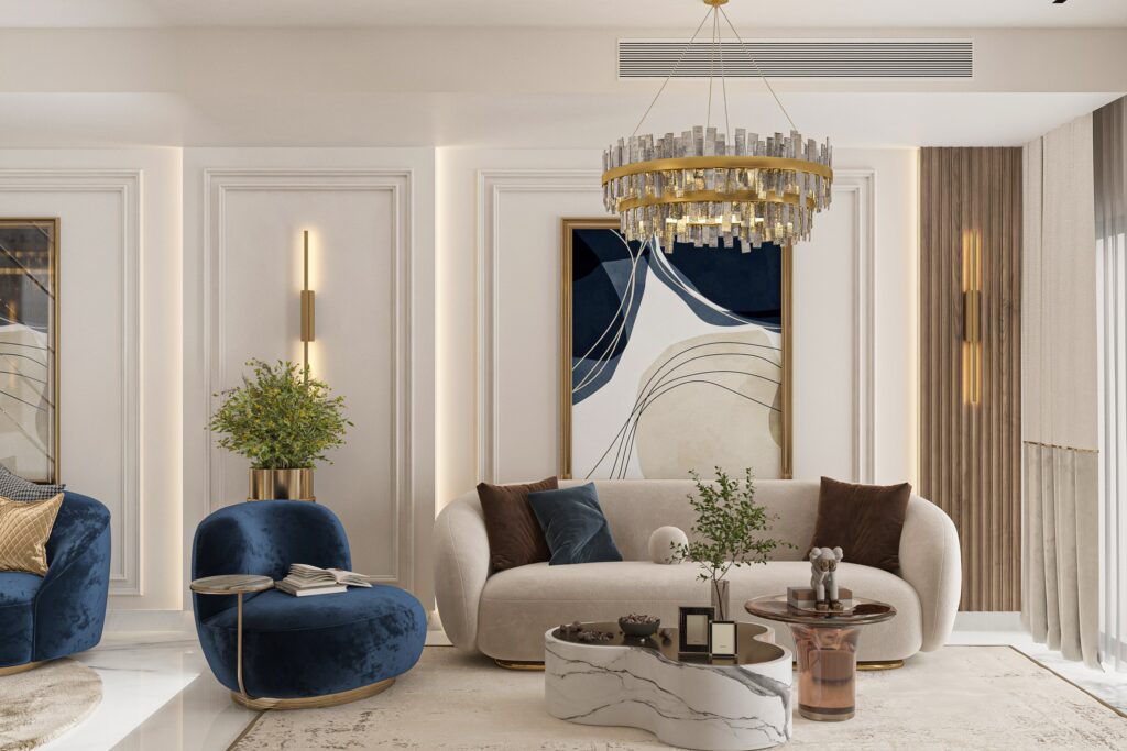 ريسبشن فيلا فخم من الخشب والبني مع لمسات أزرق ملكي