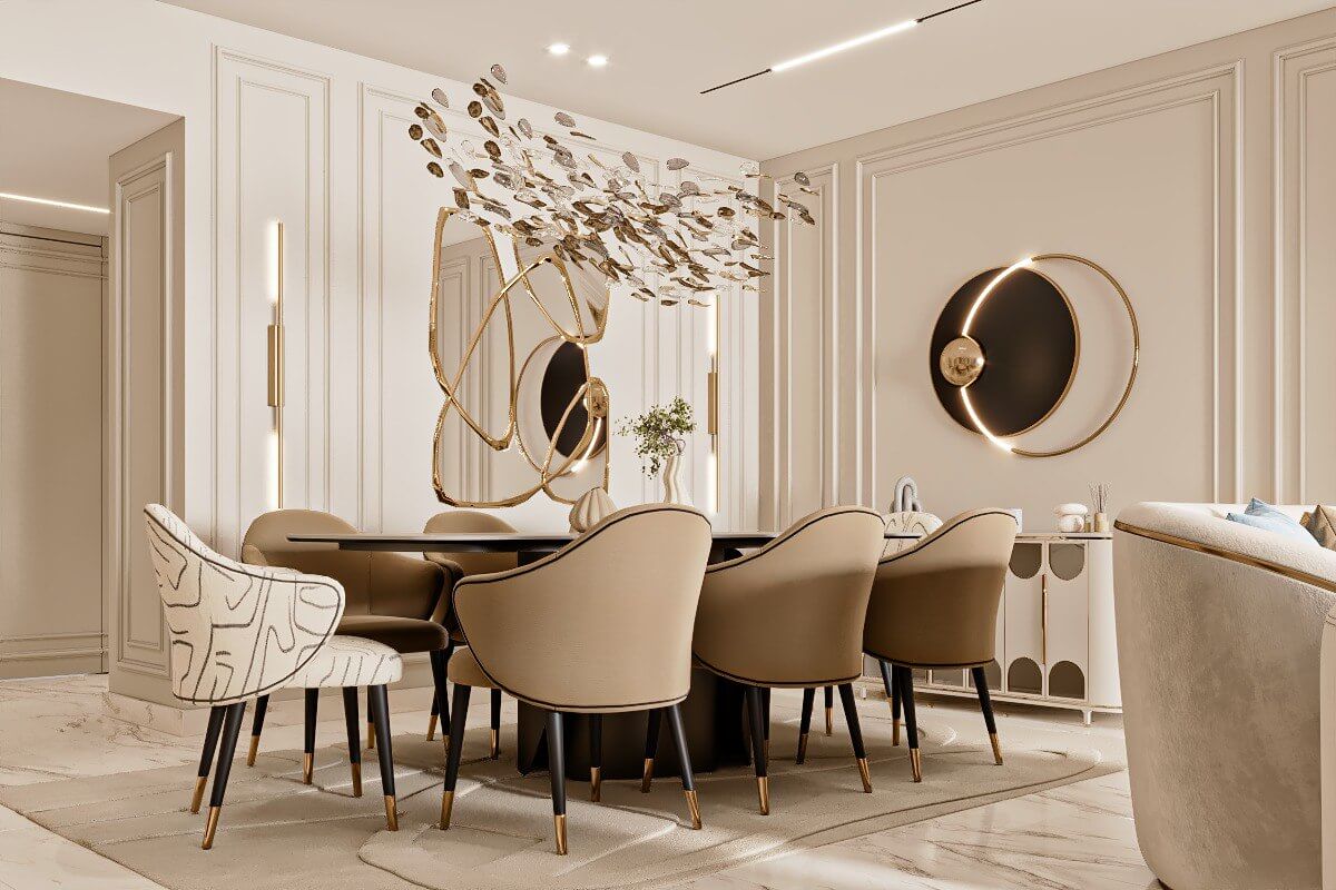 تصميم ريسبشن واسع وفخم بألوان بيج وخشبي مع مرايات ديكور في هايد بارك.