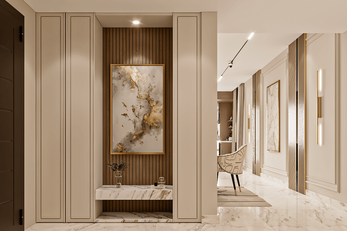 تصميم ريسبشن أنيق بألوان بيج وبني مع تابلوهات في هايد بارك.