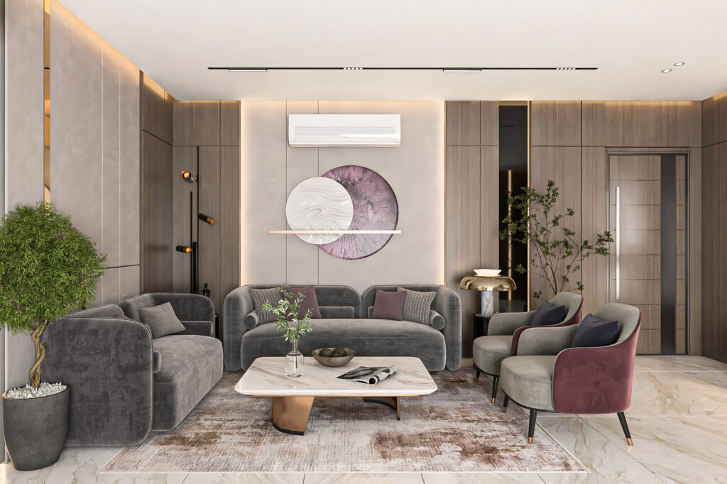 تصميم ريسبشن كلاسيك فاخر مع ديكورات جبس وإضاءة حديثة