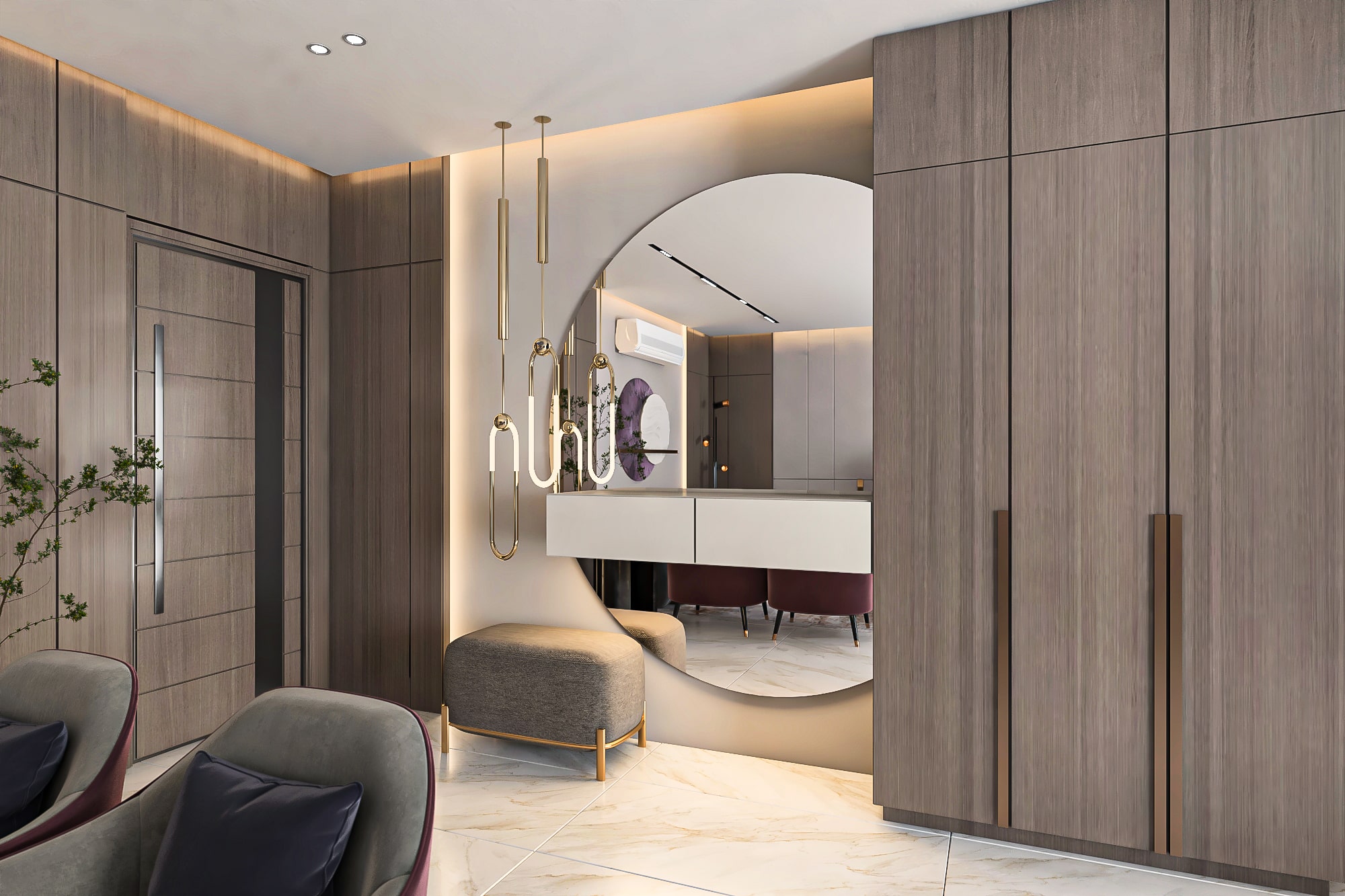 تصميم ريسبشن نيو كلاسيك بألوان دافئة وأثاث فاخر