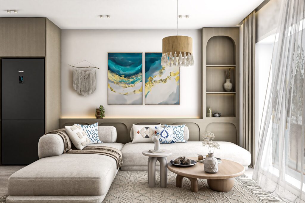 Modern chalet reception design with stylish furniture