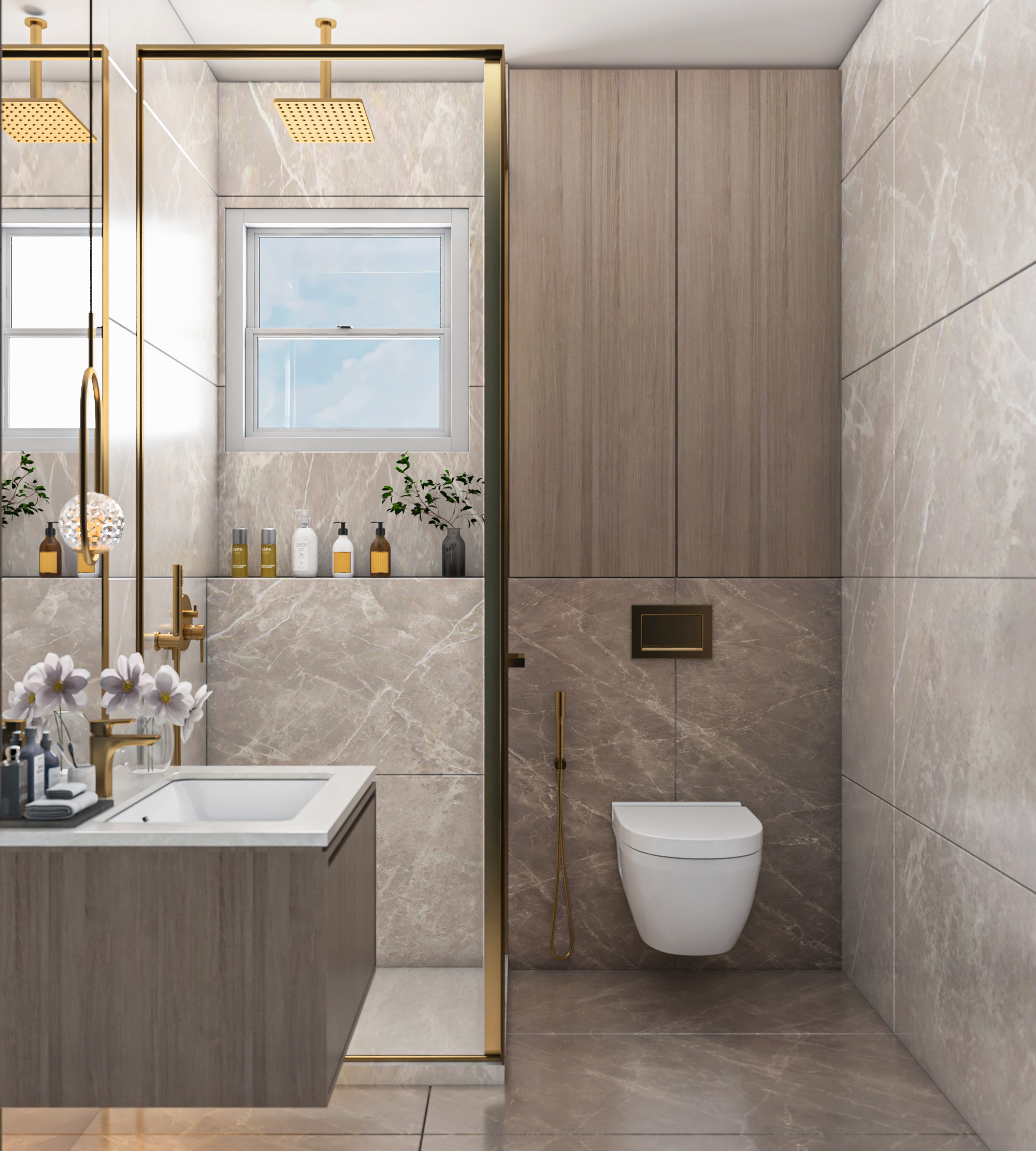 صورة حمام واسع بتشطيبات حديثة في كمبوند هاي سيتي العبور.