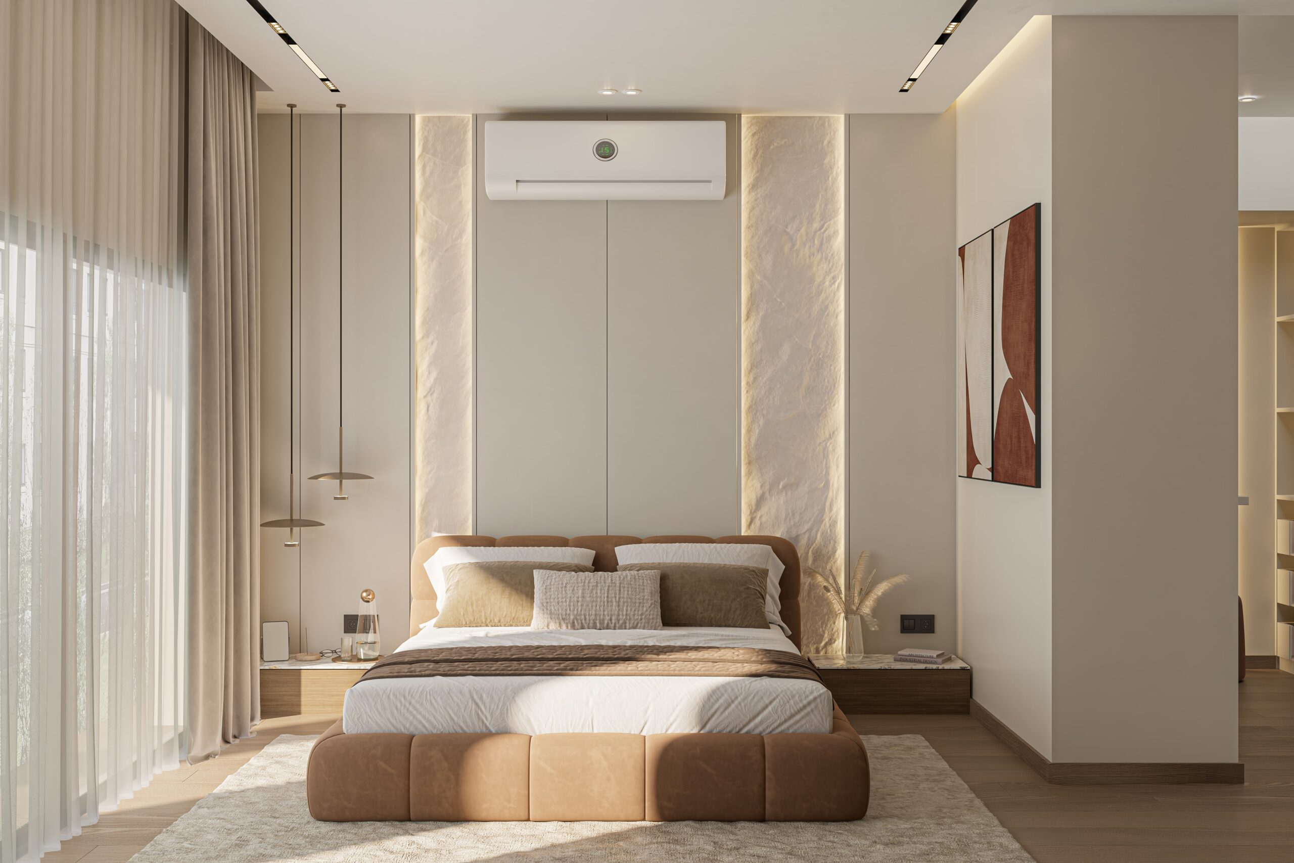Modern luxury bedroom with elegant furniture and warm lighting.