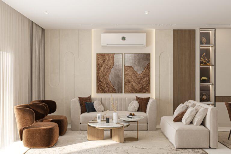 تصميم ريسبشن مودرن فاخر في بالم هيلز بديكور راقٍ وألوان هادئة.