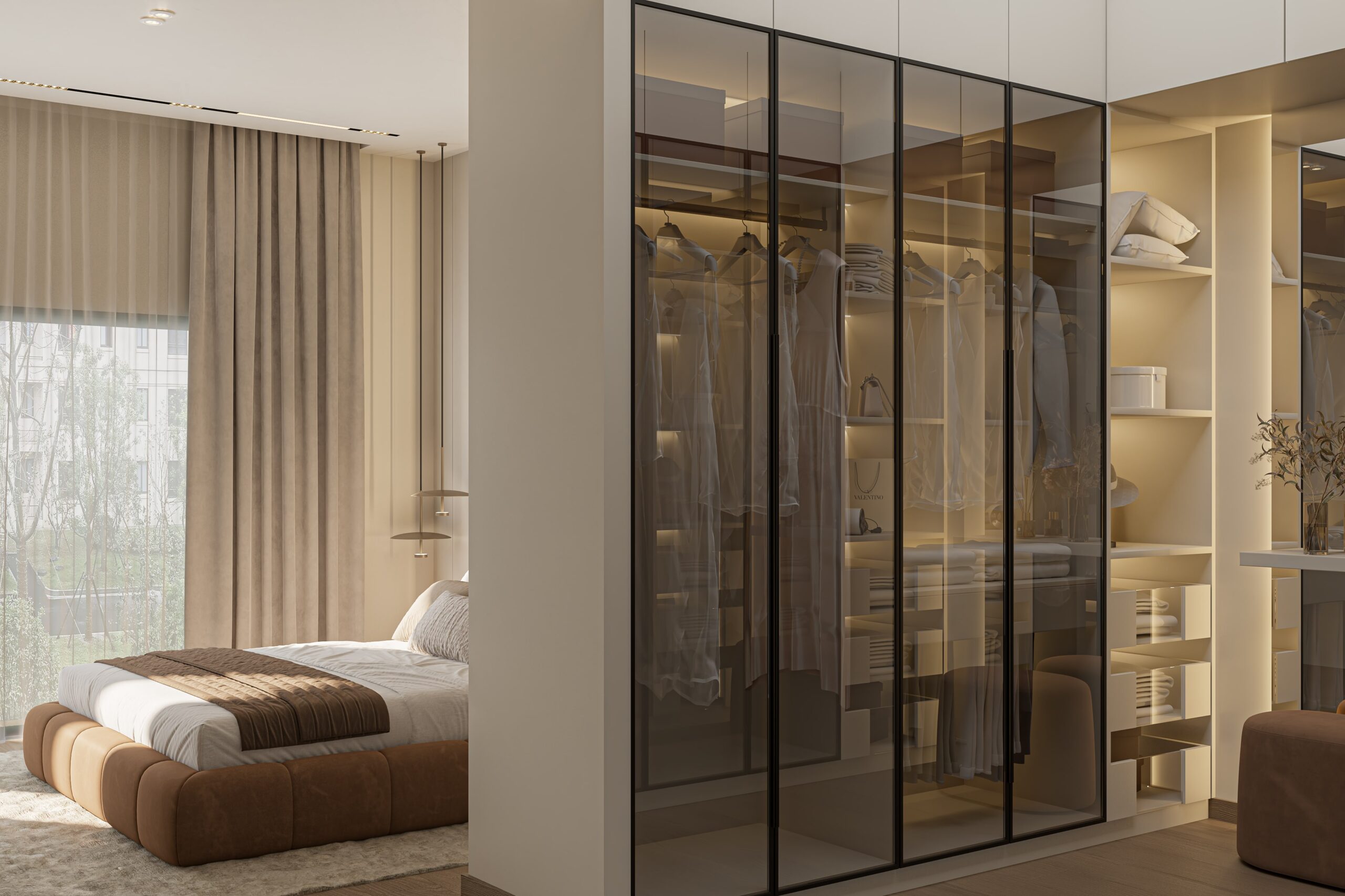 Luxury bedroom interior with wardrobe and ambient lighting.