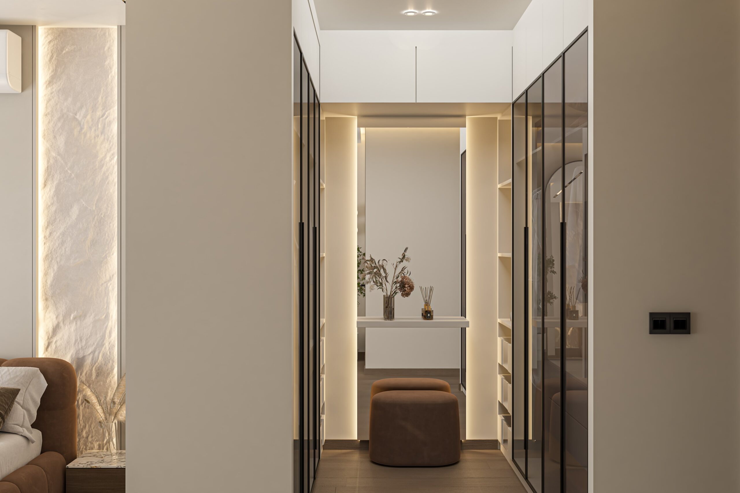 Modern neutral-colored bedroom design with elegant wall décor.